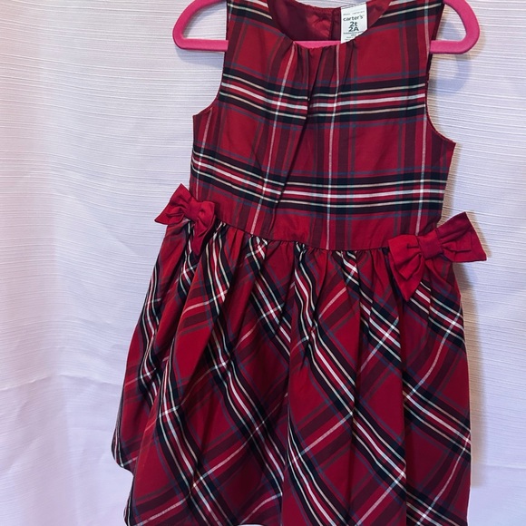 Carters Toddler Girl 2T Dress Holiday Red Green Plaid With Bows 3 Button Back - Picture 6 of 8